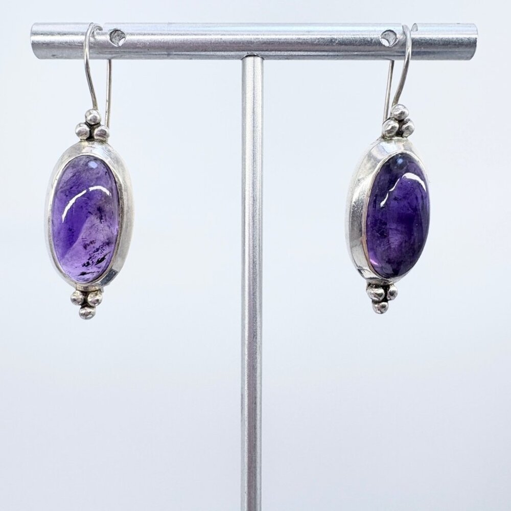 Amethyst Leverback Dangle Earrings VTG Sterling Silver 925 Size 1.5" Length
